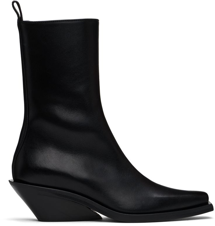 Mid-calf grained leather boots in black. · Pointed square toe · Pull-loop at heel collar · Concealed zip closure at inner side · Concealed elasticized gusset · Grained leather lining · Stacked leather wedge heel with rubber injection · Treaded leather sole · Heel: H2 Supplier color: Black Womens Square Toe Boots, Ann Demeulemeester Boots, Round Toe Shoes, Square Toe Boots, Rounded Toe Boots, Ann Demeulemeester, Leather Wedges, Wedge Heels, Mid Calf