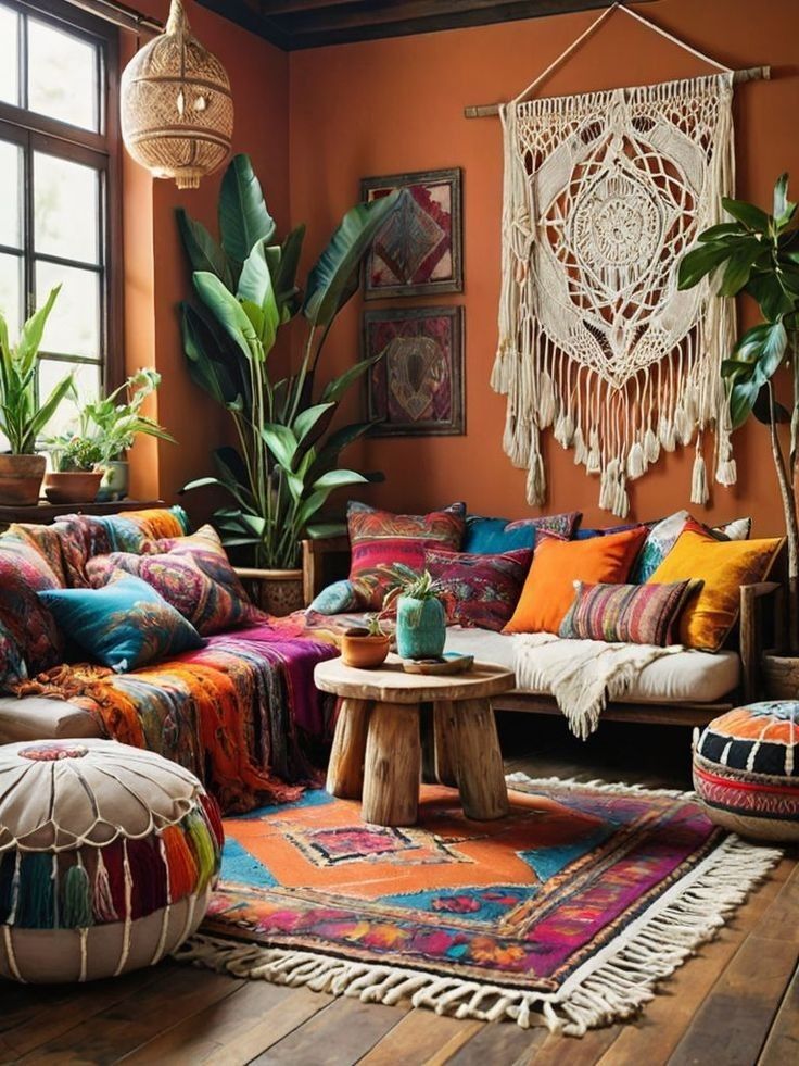 a living room filled with lots of colorful furniture and decor on top of wooden floors