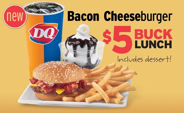 an advertisement for a burger and fries with bacon cheeseburger on the side, $ 5 lunch includes dessert