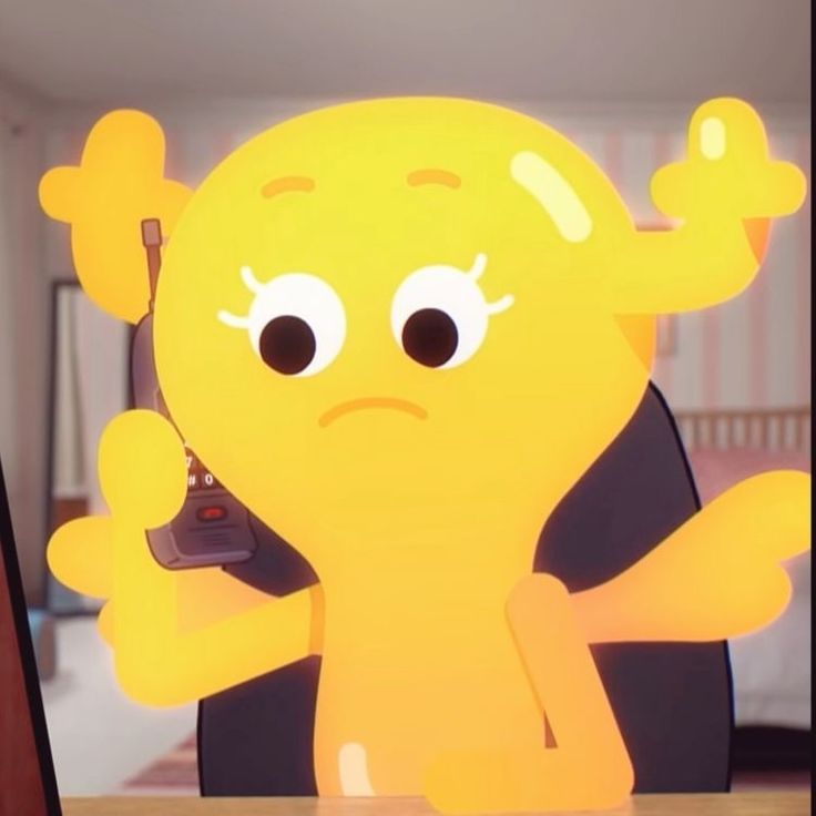 an animated yellow character sitting at a table with a cell phone to his ear and hands up in the air