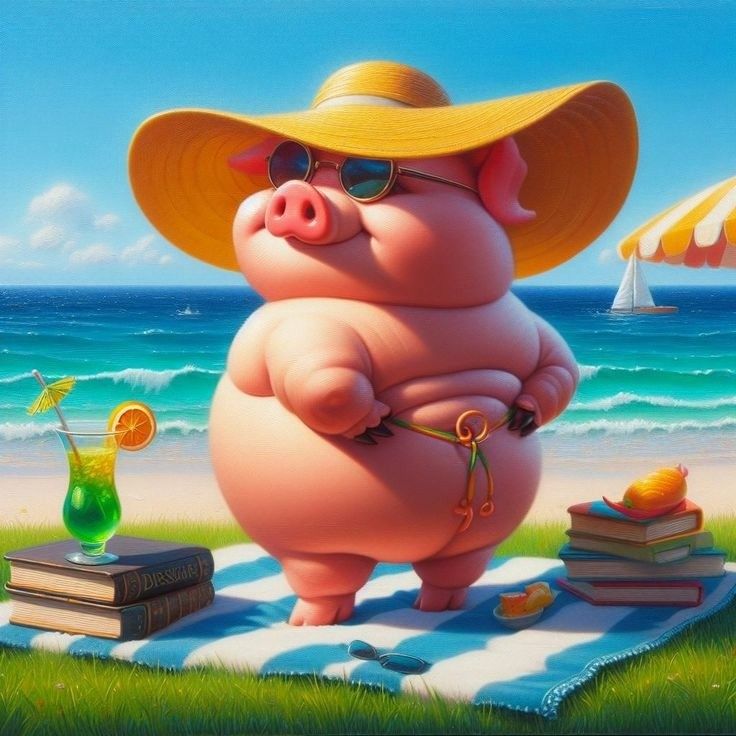 a painting of a pig on the beach wearing a hat and sunglasses, holding a book