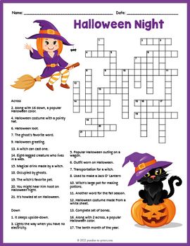 halloween crossword puzzle game for kids with witch and pumpkins on it, complete with answers