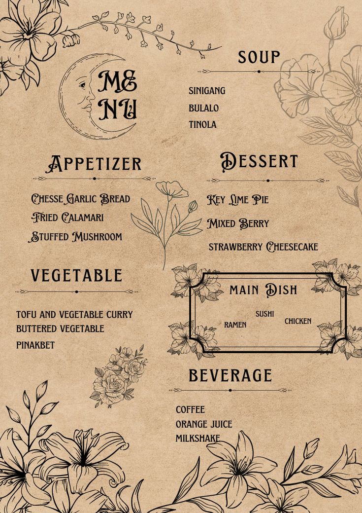 an old menu with flowers on it