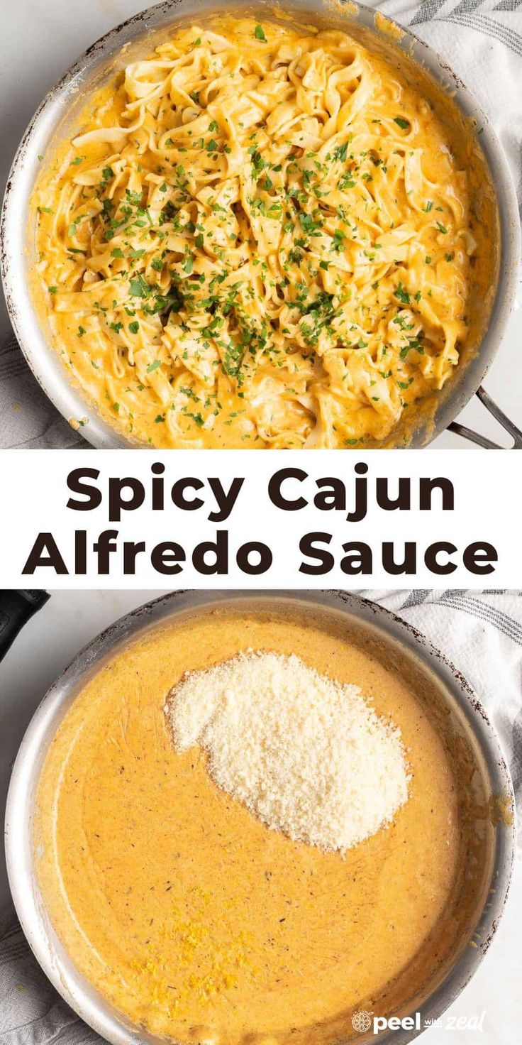 two bowls filled with different types of food and the words spicy cajun alfredo sauce