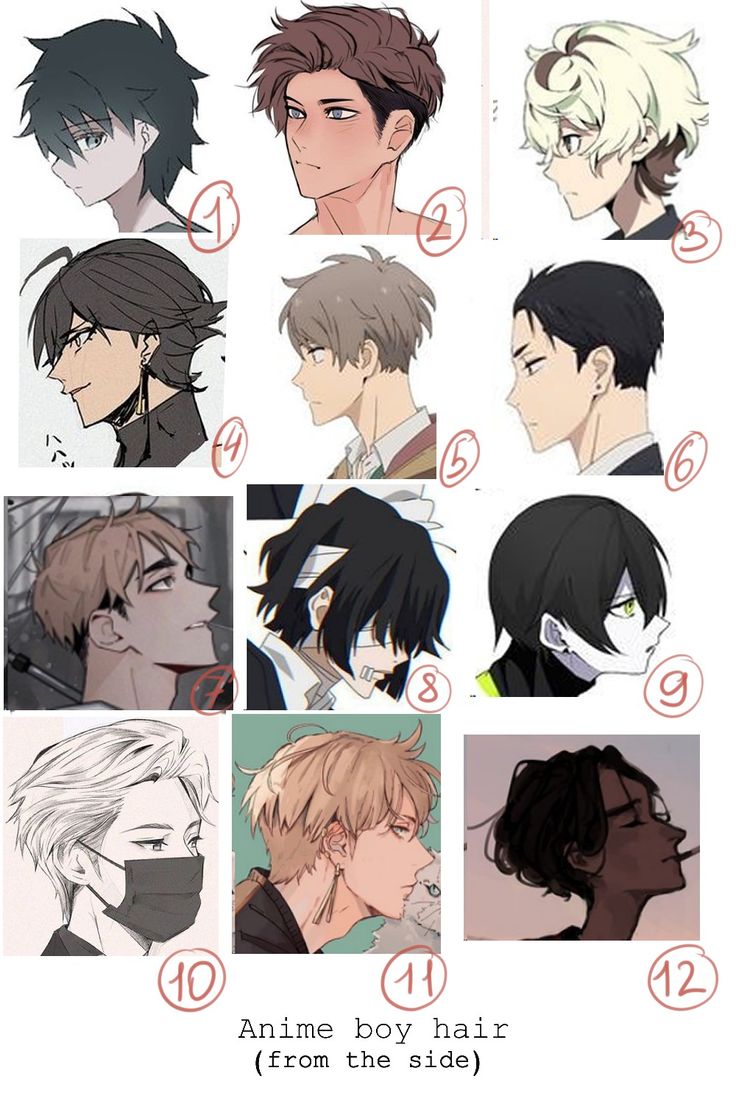 anime boy hair from the side to the front, with different hairs styles and colors