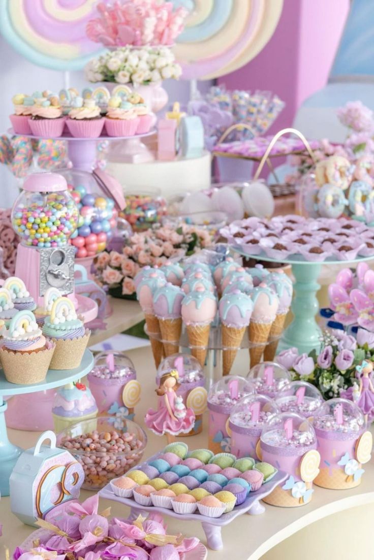 Cupcakes Ice Cream Theme, Two Sweet Table Decor, Pastel Candy Birthday Party, Pastel Candy Table, Too Sweet Birthday Party Ideas, Two Sweet Dessert Table, Pastel Party Aesthetic, Sweet Treat Birthday Party Theme, Two Sweet Centerpieces