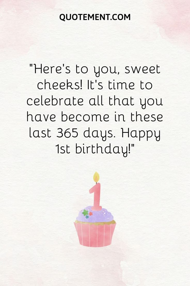 a pink cupcake with a candle on it saying,'here's to you sweet cheeks it's time to celebrate all that you have become in these last 350 days