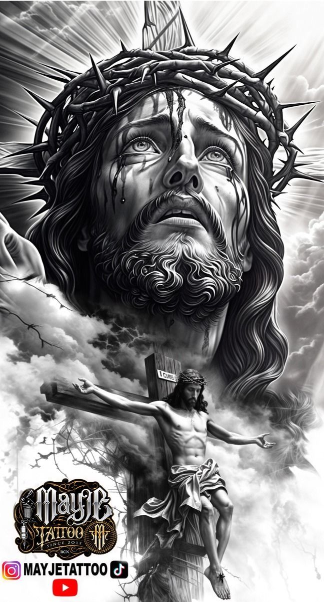 jesus on the cross with clouds and sun rays behind him, in black and white