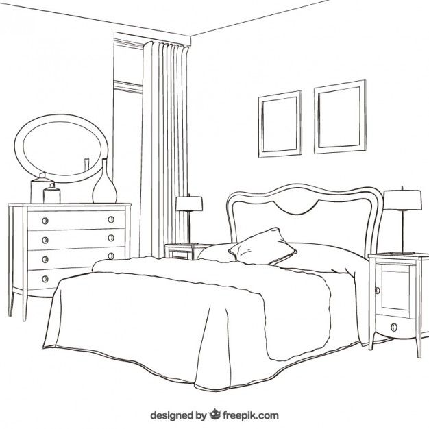 a line drawing of a bedroom with a bed, dresser and mirror on the wall