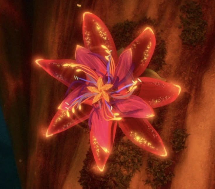 an animated image of a pink flower in the middle of some rocks and grass, with bright lights shining on it's petals