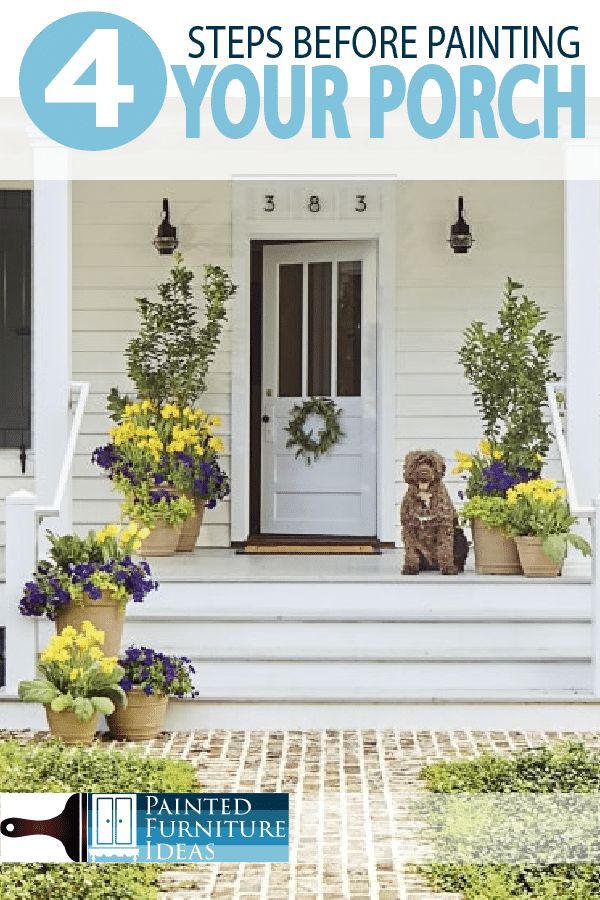 steps before painting your porch with flowers and a dog sitting on the front door step