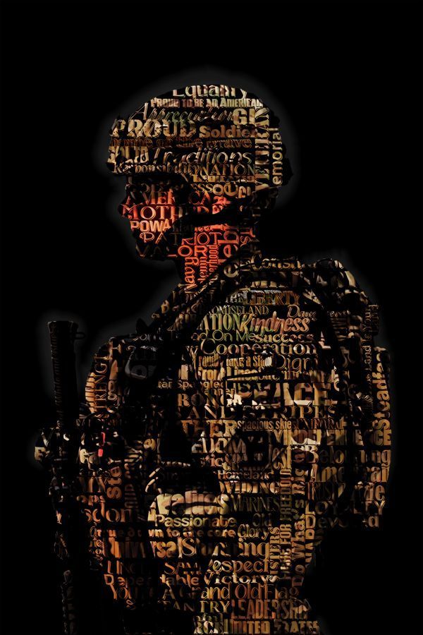 the silhouette of a soldier with words written all over his body and helmet on it