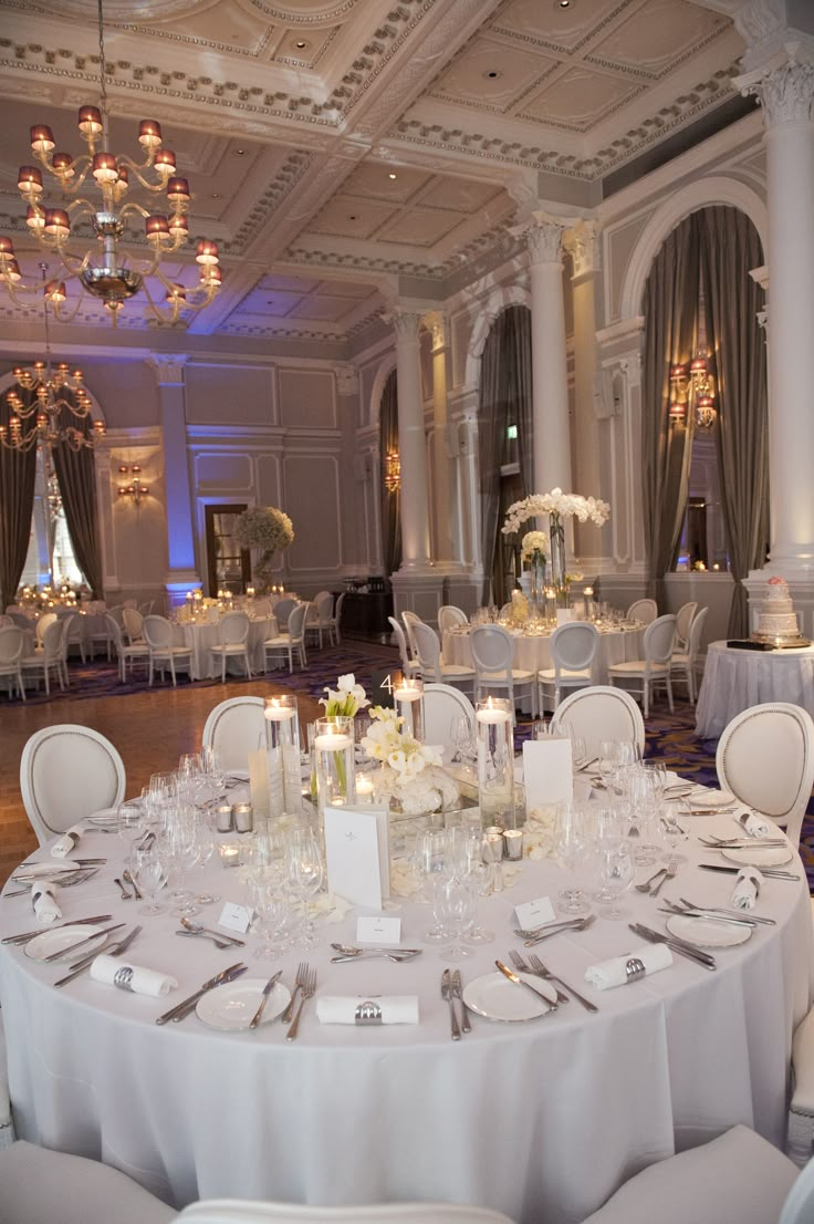 a banquet room set up for a formal function