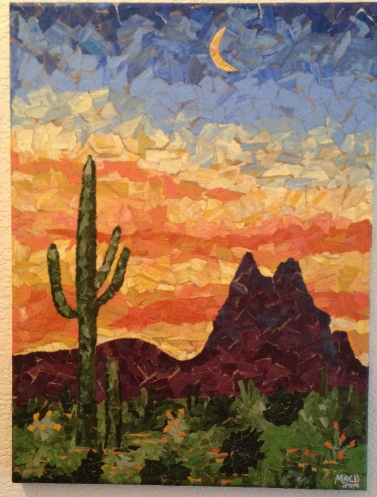 a painting of a desert scene with a cactus in the foreground