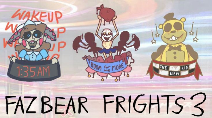 three cartoon characters with the words fazbear rights 3 on their chests