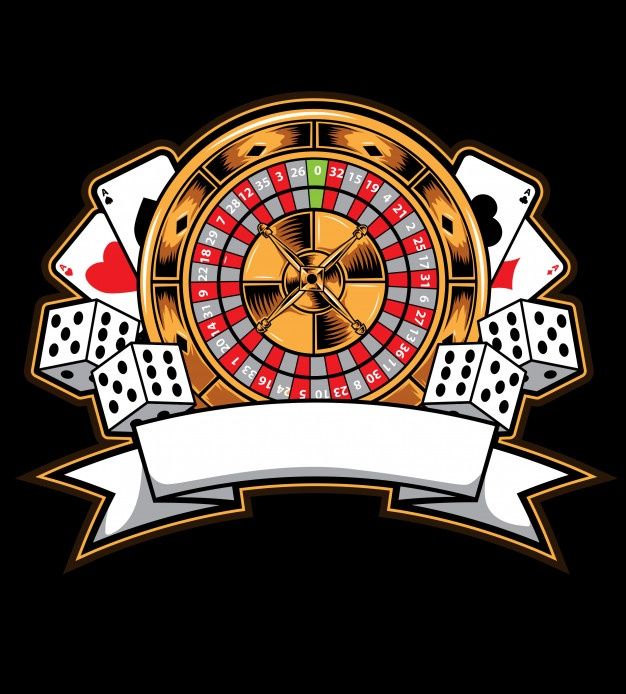 a casino wheel with playing cards and dices on the side, surrounded by banners