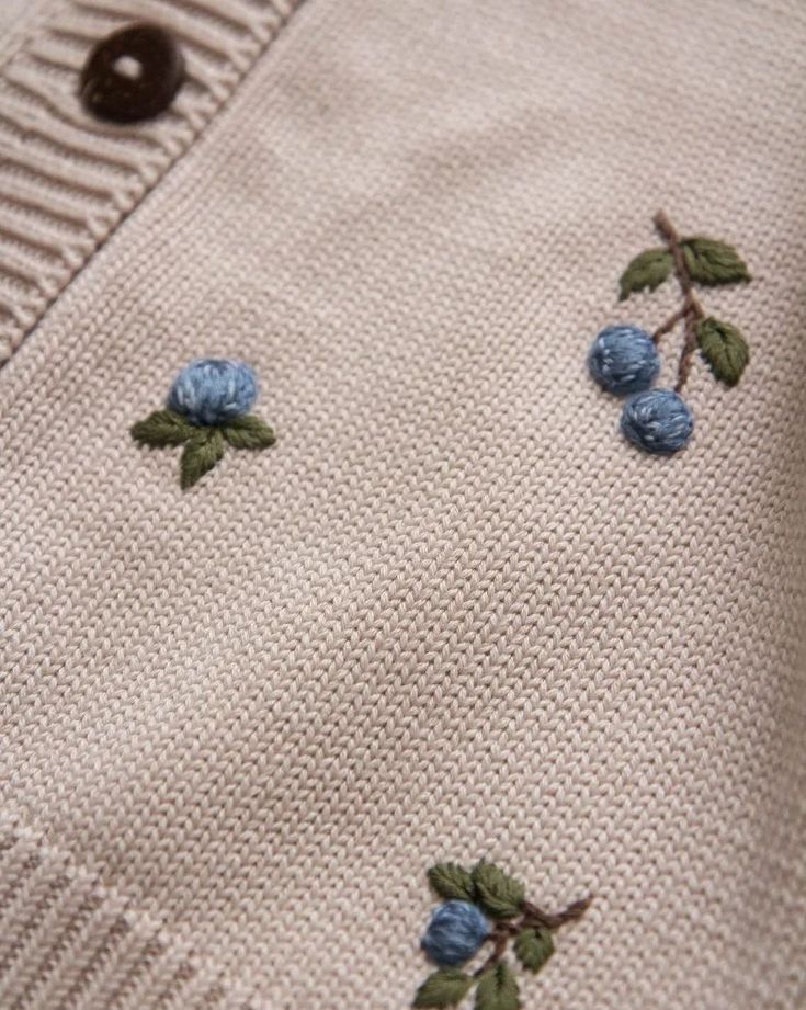 a sweater with blue flowers and leaves on the front is seen in close up view