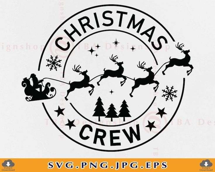 christmas crew svg file with santa sleigh and reindeers in the sky