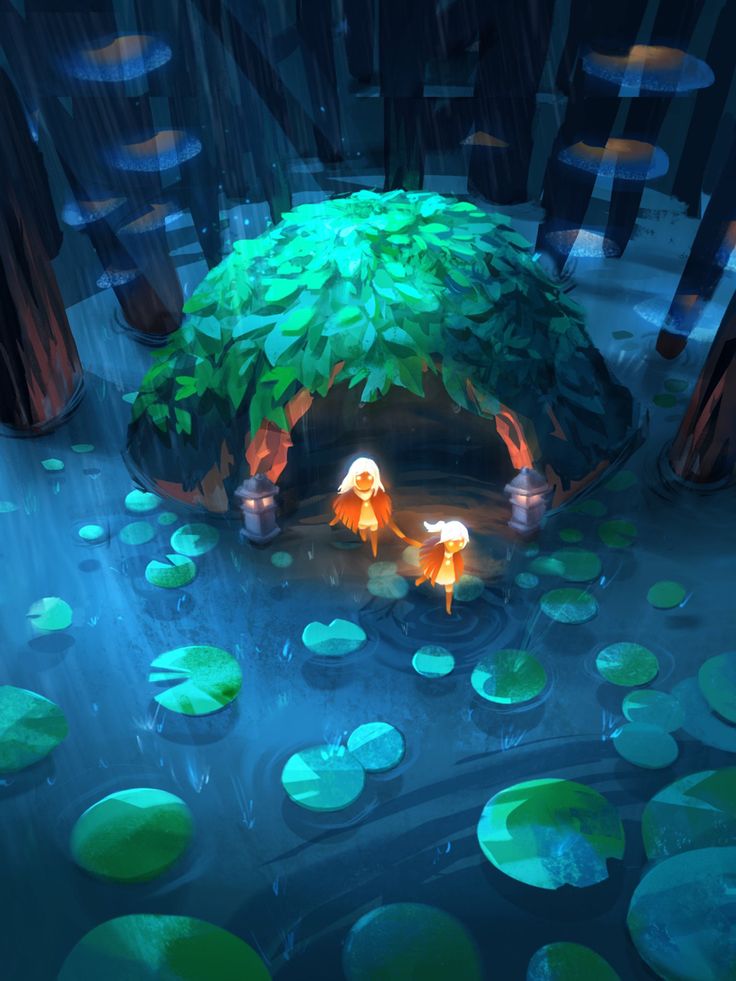 an animated scene with two people standing in the water and lily pads on the ground