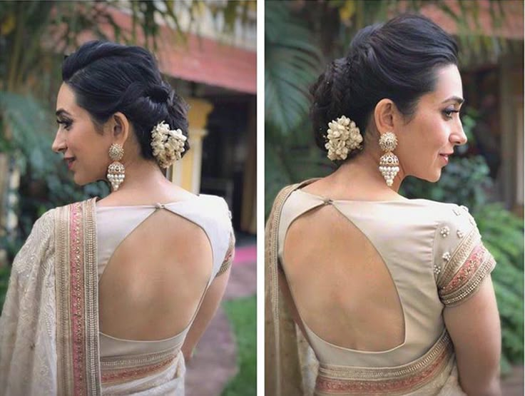 Hairstyle For Backless Blouse, Semi Sleeves Blouse Design, Backside Blouse Design, Mega Sleeves Blouse Design, Backside Pose, Saree Blouse Styles, Backless Blouse Designs, Indian Wedding Hairstyles, Cutwork Blouse Designs