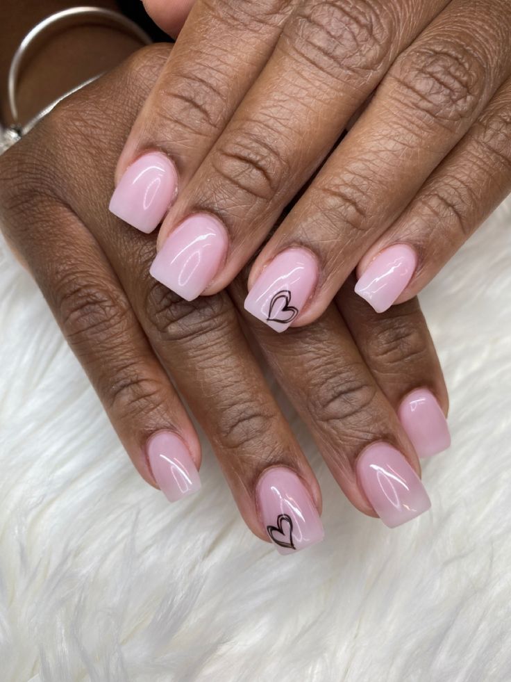 One Heart Nail Design, Simple Heart Design Nails, Bubble Bath Valentine Nails, Short Gel Nail Designs Classy Simple Pink, Pink Nails With Heart Design Short, Ombré Nails With Heart, Pink Love Heart Nails, Bubble Bath And Black Nails, Ombre Nails With Heart Design