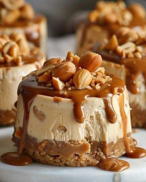 three desserts with peanut butter and caramel drizzled on the top