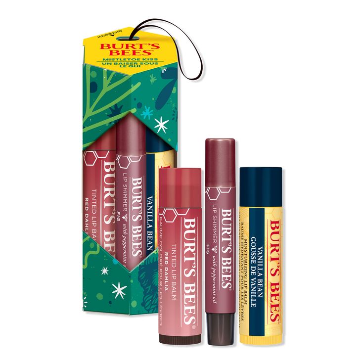 Tinted Lip Balm and Lip Shimmer 3 Piece Gift Set - MISTLETOE KISS H2024BenefitsPERFECT HOLIDAY GIFT SET: One Burt's Bees Mistletoe Kiss Lip Balm, Tinted Lip Balm and Lip Shimmer Gift Sets in festive holiday packaging that's ready to give - no wrapping requiredNO.1 RECOMMENDED NATURAL SKINCARE BRAND: Burts Bees is the No.1 natural skincare brand* *Based on a September 2021 NielsenIQ national survey of U.S. DermatologistsMOISTURIZES AND SOFTENS: Each lip balm is formulated with nourishing ingredients that hydrate and revitalize dry lips, making this lip moisturizer set a fantastic holiday gift for lip care loversBELOVED FLAVOR: Moisturizing natural lip balm features a delicious vanilla flavor, while the lip shimmer offers an invigorating peppermint flavor with a refreshing tingleSUBTLE COLOR Burt’s Bees Tinted Balm, Halloween Lip Balm, Holiday Lip Balm, Burts Bees Tinted Balm, Burts Bees Tinted Lip Balm, Ulta Gift Sets, Lip Balm Tinted, Good Christmas Gifts, Nivea Lip Balm