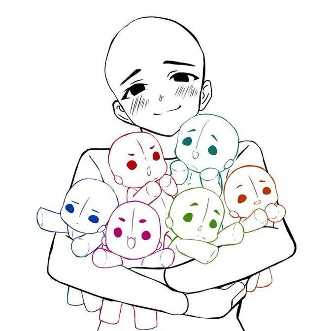 a drawing of a person holding several small dolls in their arms and smiling at the camera