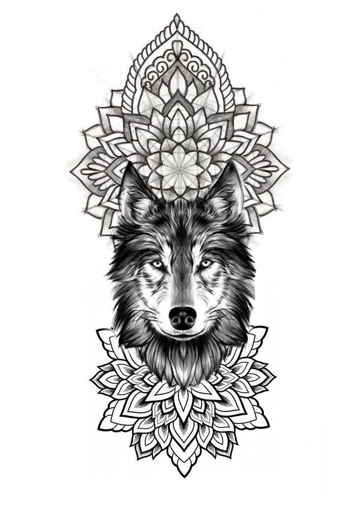 a wolf's head with flowers on it and the letter f in black ink