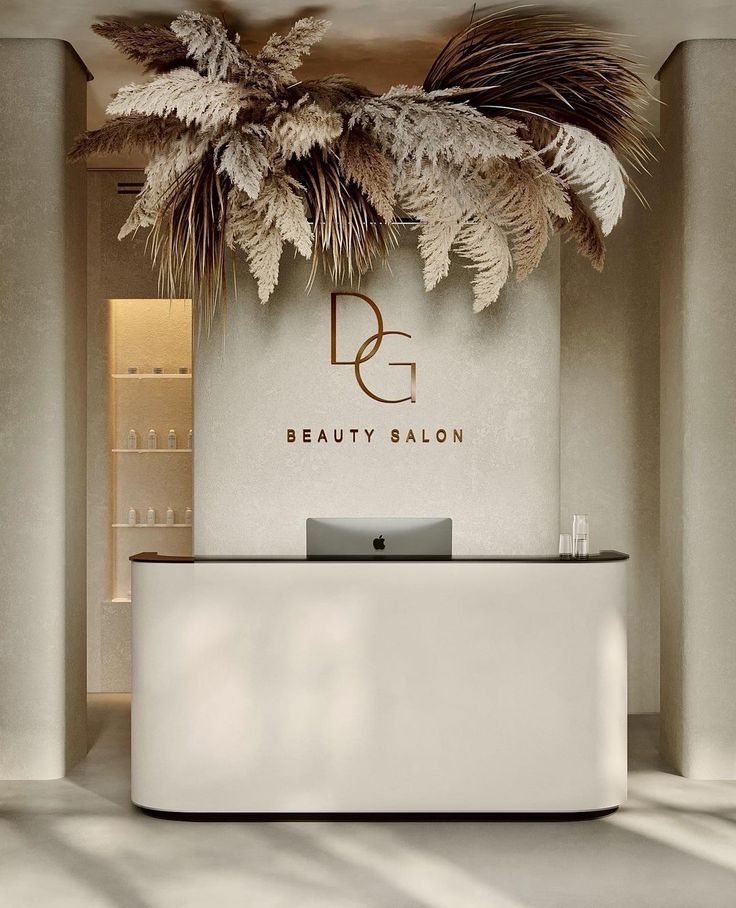 the front desk of a beauty salon with white walls and plants hanging from it's ceiling