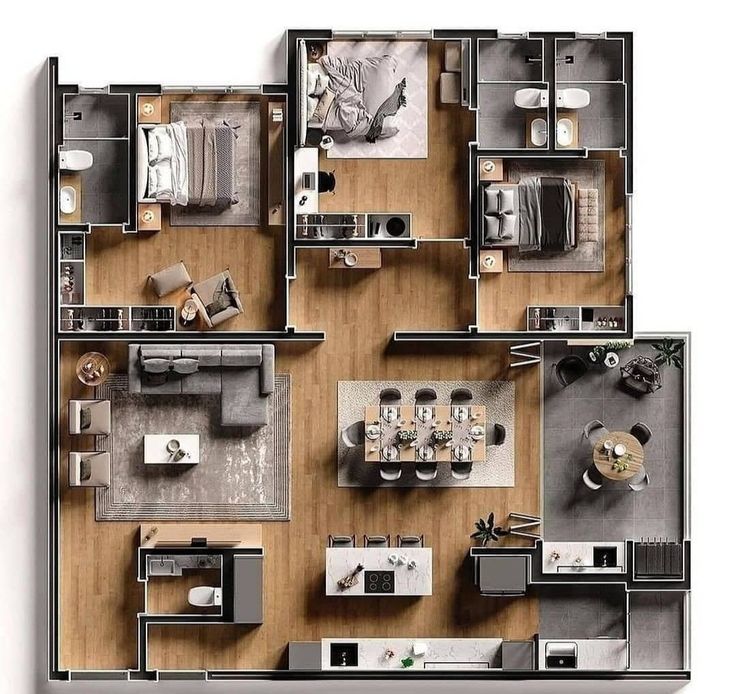 an overhead view of a floor plan with furniture and kitchen areas in the center,