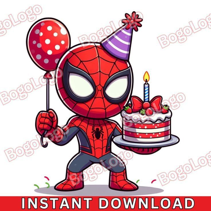 a cartoon spiderman holding a birthday cake