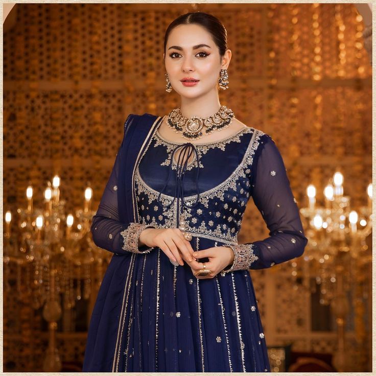 Walima Dresses Pakistani For Sisters, Blue Colour Lehenga, Red Pakistani Dress, Embroidery On Chiffon, Walima Dresses Pakistani, Navy Blue Anarkali, Gold And Silver Embroidery, Chiffon Formal Dress, Walima Dresses