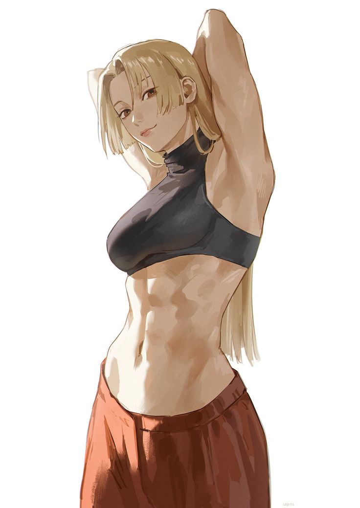 a drawing of a woman with blonde hair and no shirt on, posing for the camera