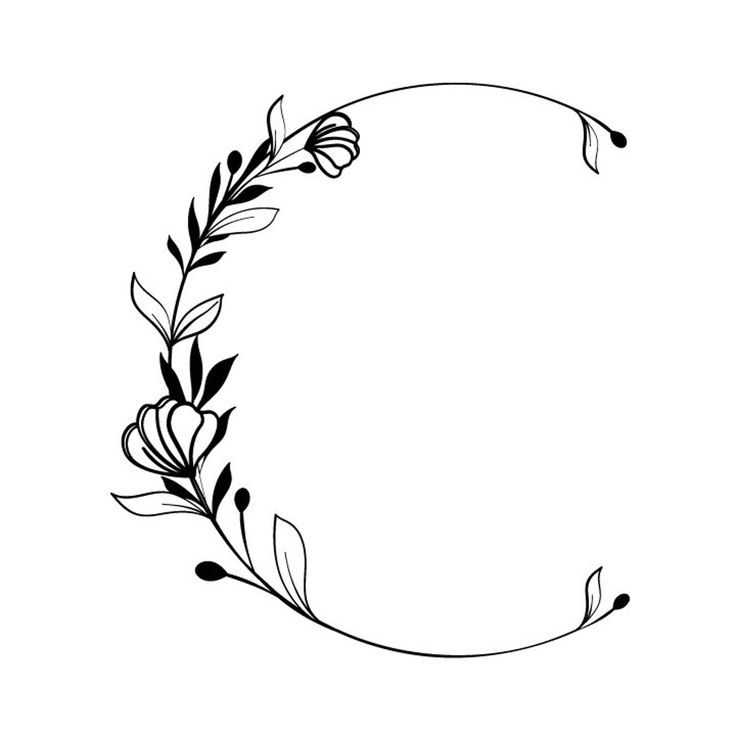 a black and white drawing of a circle with flowers on the side, surrounded by leaves