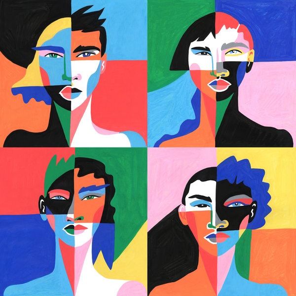 an abstract painting of four women with different colored faces