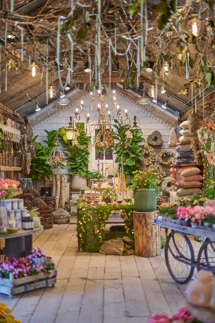 the inside of a flower shop filled with lots of potted plants and hanging lights