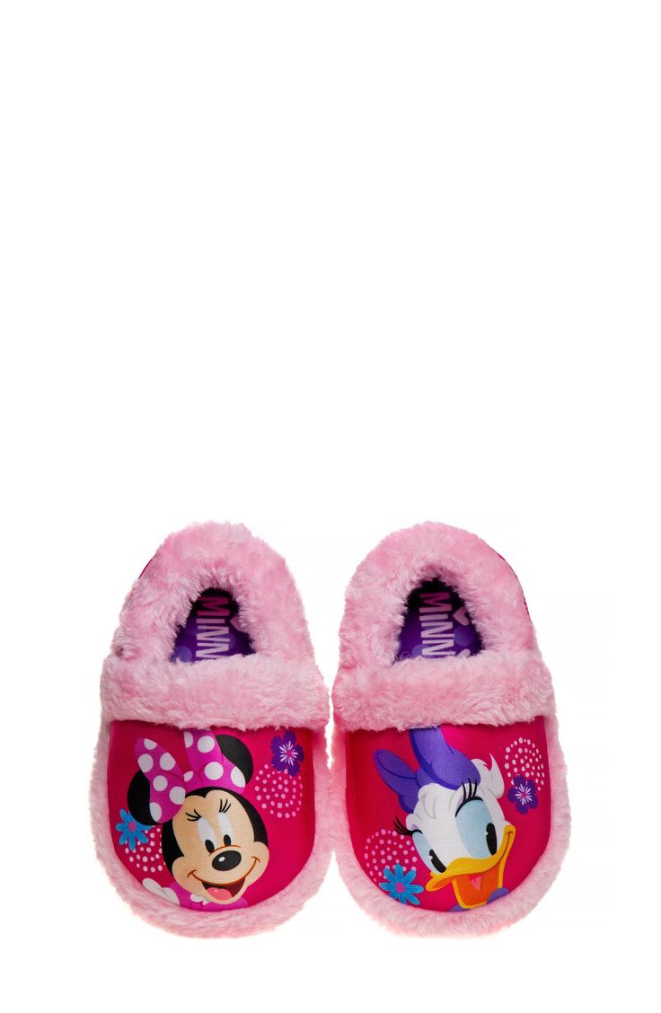 They'll love getting ready for bed in this fleece-lined slipper finished off with their favorite Disney character, Minnie Mouse. Synthetic upper and lining/rubber sole Imported Cute House Shoes, Slippers Disney, Duck Slippers, Minnie Mouse And Daisy Duck, Minnie Mouse Slippers, Fabric Slippers, Disney Slippers, Construction Fabric, Girls Slippers