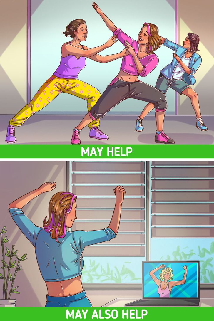 two women doing different exercises in front of a tv and another woman on the other side