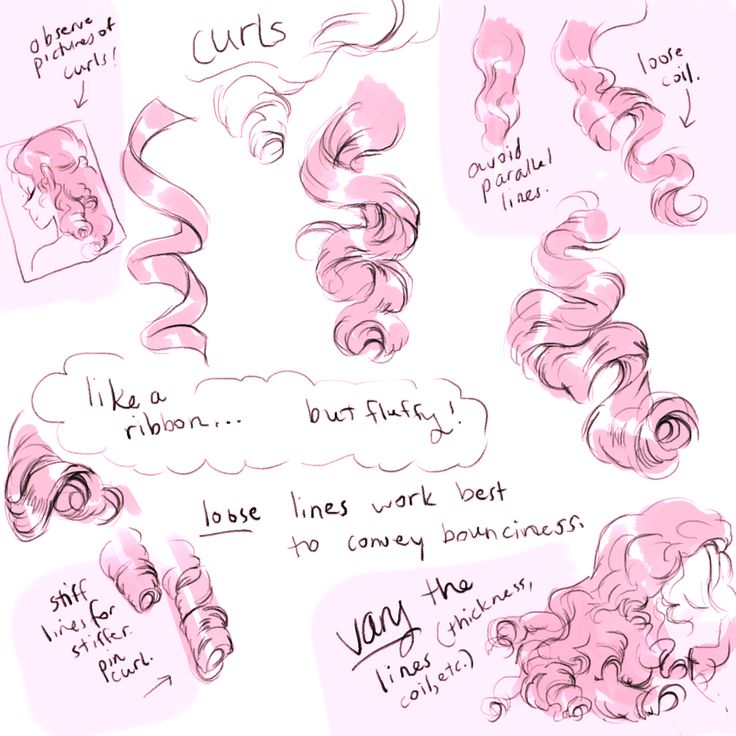 some pink curly hair sketches on a white background