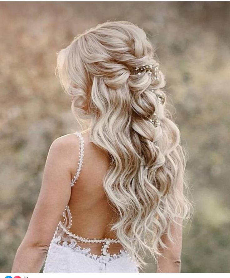 the back of a woman's head with long blonde hair, wearing a white dress