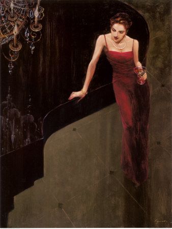 a painting of a woman in a yellow dress walking up stairs with a chandelier hanging from the ceiling