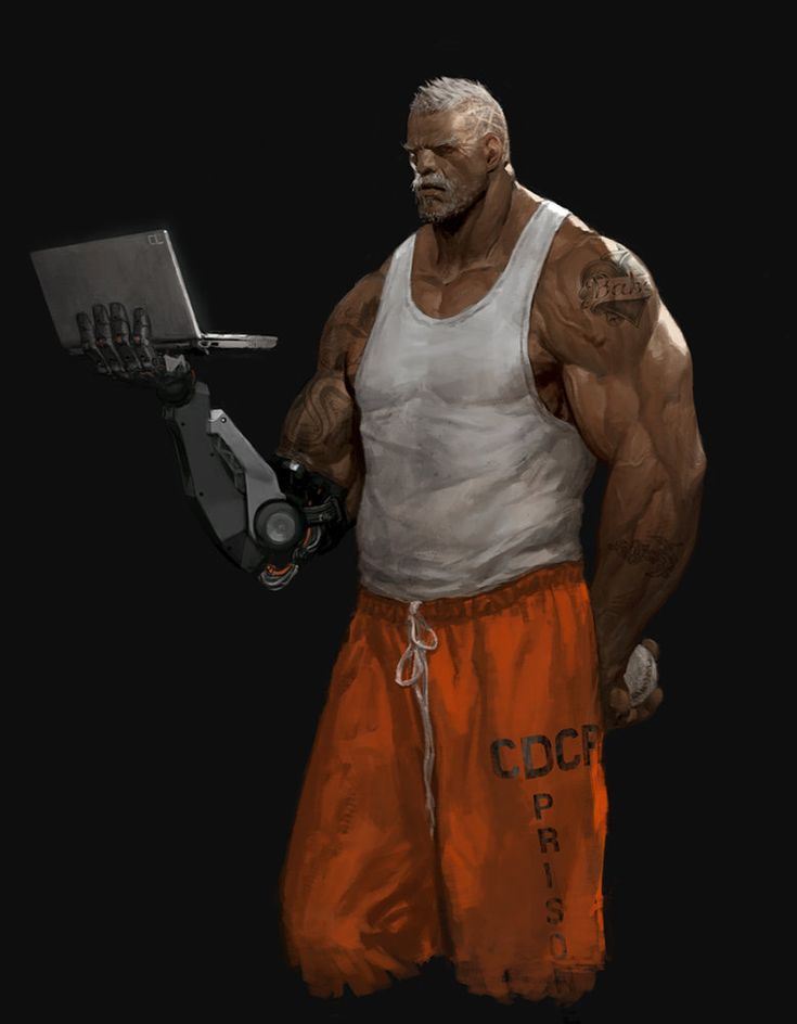 an image of a man with muscles holding a laptop and looking at something on the screen