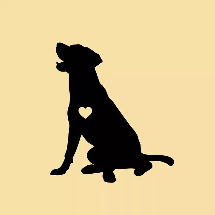 a black dog with a heart in its mouth sitting on the ground, silhouetted against a yellow background