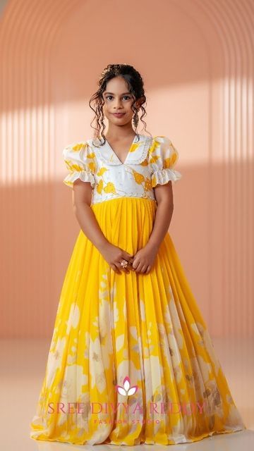 Long Gown Dress From Saree For Kids, Kids Girls Dresses Indian, Saree Dress For Girls Kids, Frills Frock, Yellow Dress For Kids, Pichwai Lehenga Designs, Girls Frocks, Girl Frock Design, Long Frocks Kids