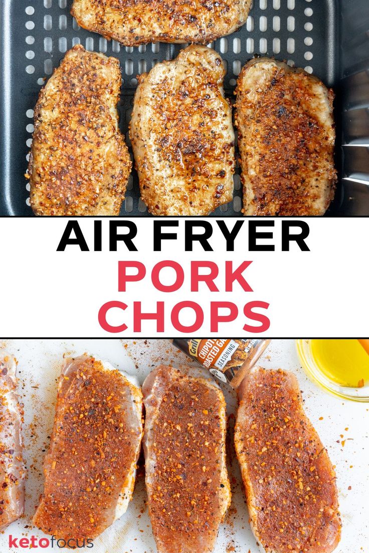 Raw pork chops seasoned below and top photo is of baked pork chops in an air fryer basket. Air Fryer Boneless Pork Chops, Pork Chops In Air Fryer, Air Fry Pork Chops, Air Fryer Recipes Pork, Air Fryer Recipes Low Carb, Boneless Pork Chop Recipes, Air Fryer Pork, Air Fryer Pork Chops, The Best Air Fryer