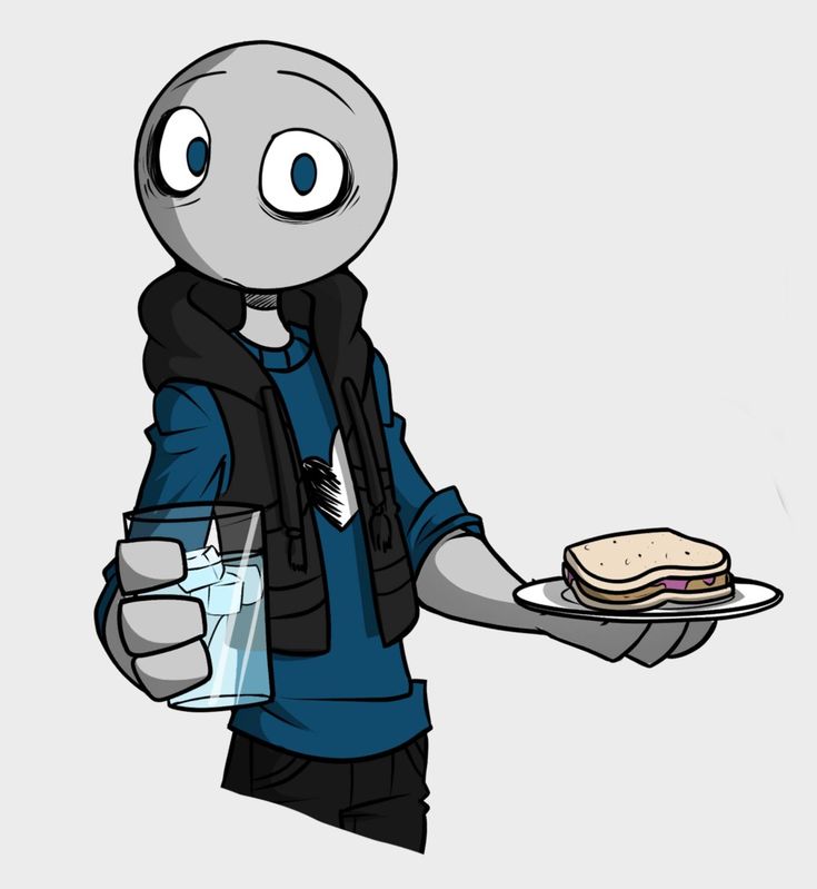 a cartoon character holding a plate with a sandwich on it and water in the other hand