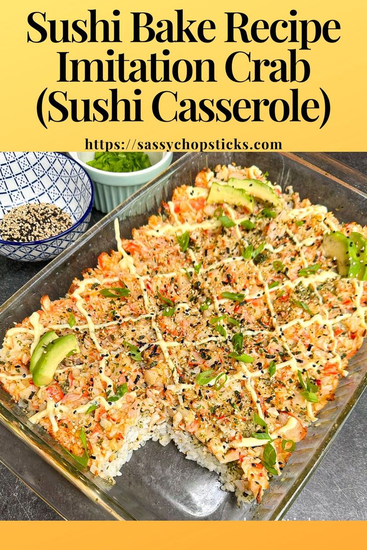 This sushi bake recipe with imitation crab is a fusion of traditional sushi flavors baked into a casserole-style dish. Recipes With Immitation Crab, Homemade Sushi Bake, Imitated Crab Recipes With Rice, Best Sushi Bake Recipe Crab, Baked Sushi Rice Recipe Crab, Tuna And Crab Sushi Bake, Sushi Bake With Crab, Crab Meat Sushi Recipes, Crab Noodles Recipe