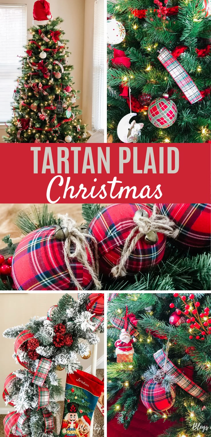 christmas tree decorated with tartan plaid ribbon and ornaments