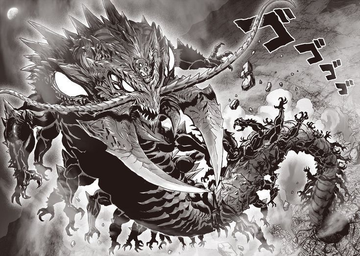 a black and white image of a dragon attacking another creature with its mouth open,